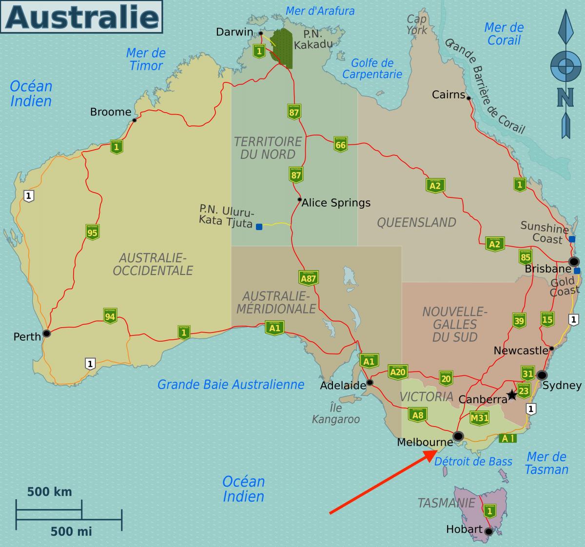 Ville de Melbourne sur la carte de Victoria - Australia